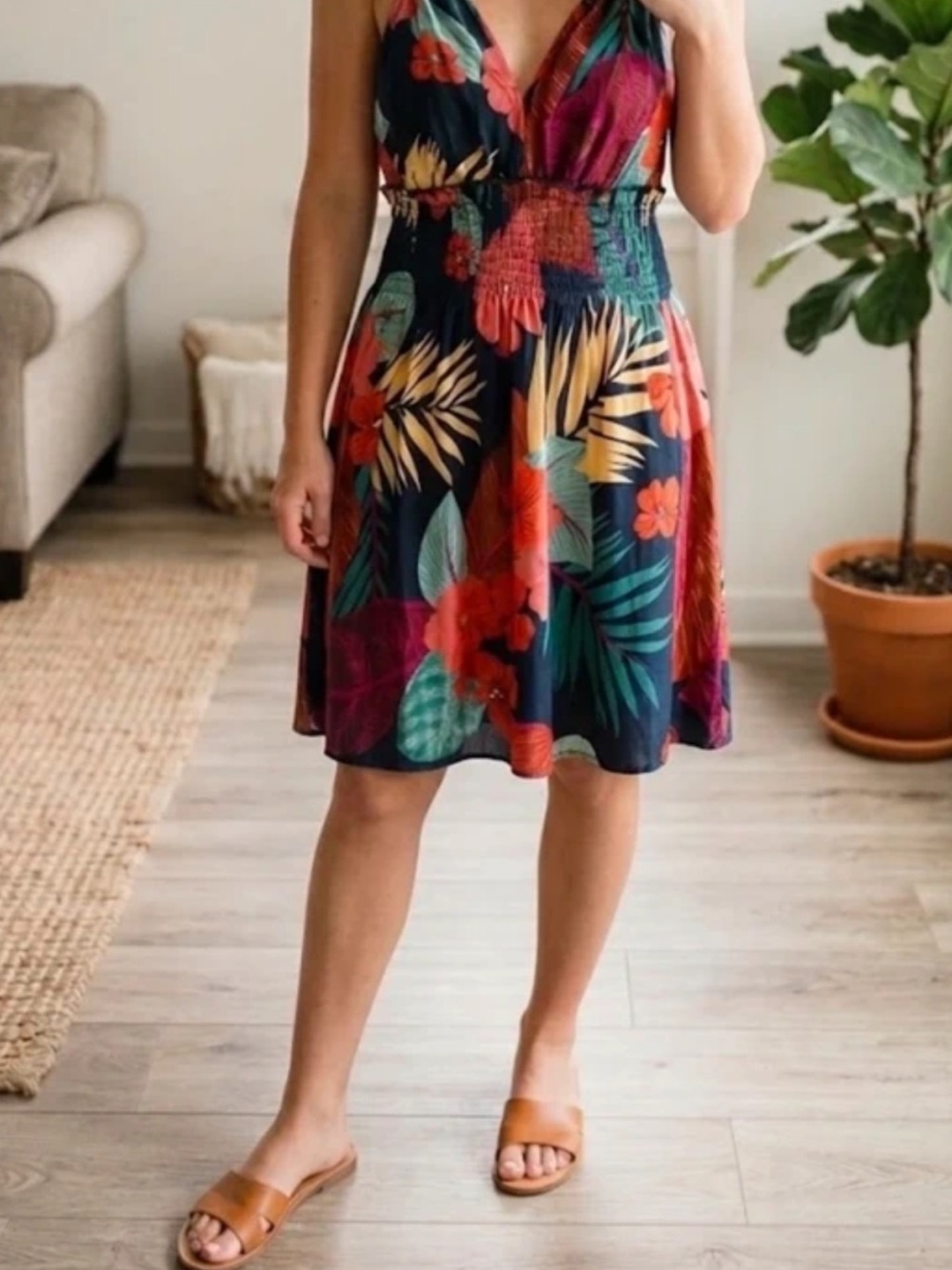Source Unknown Navy Tropical Floral A-Line Skirt